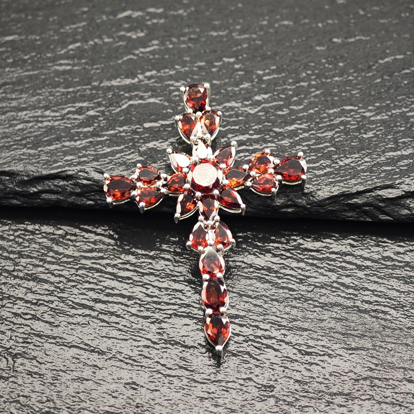 Vintage Garnet Cross Pendant Sterling Silver