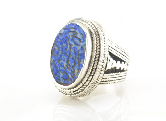 Blue Carved Lapis Silver Ring Size 10.5 Ethnographic Sterling