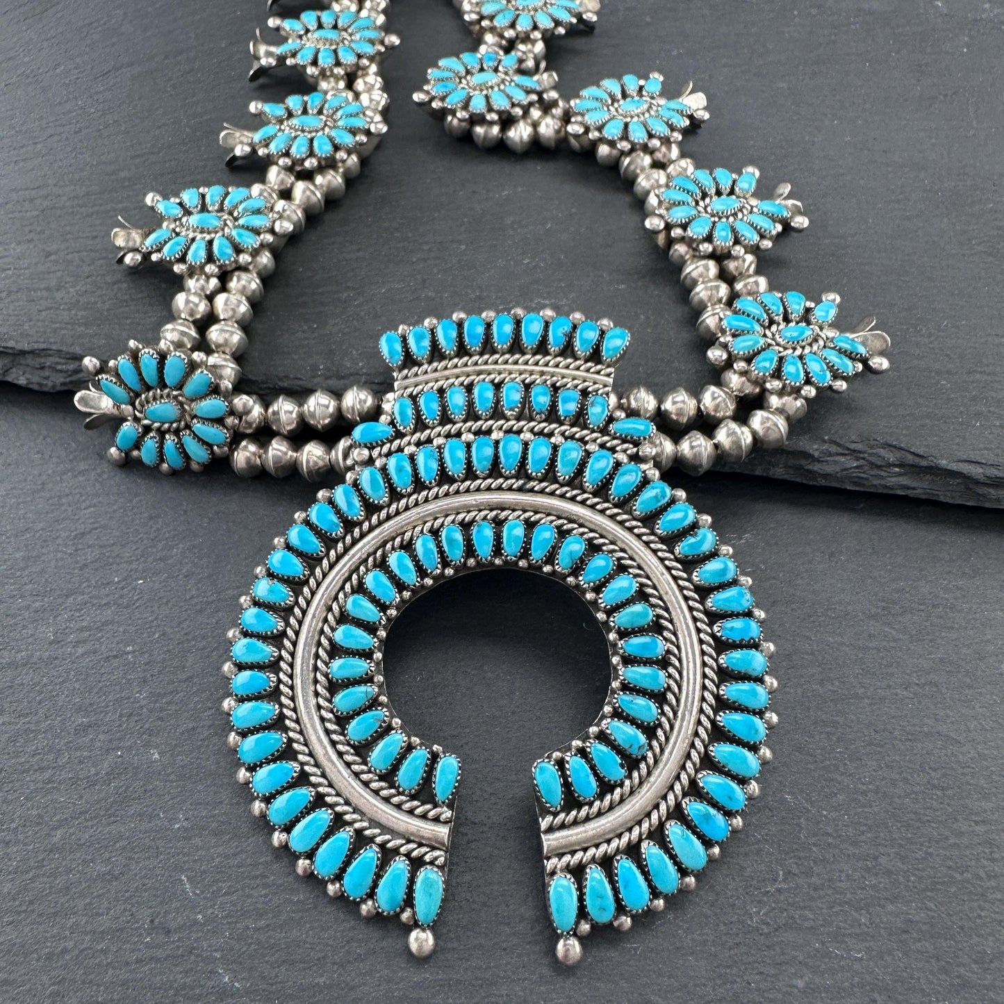 Historic Alice Quam, Zuni, Native American Squash Blossom Necklace Sterling Silver