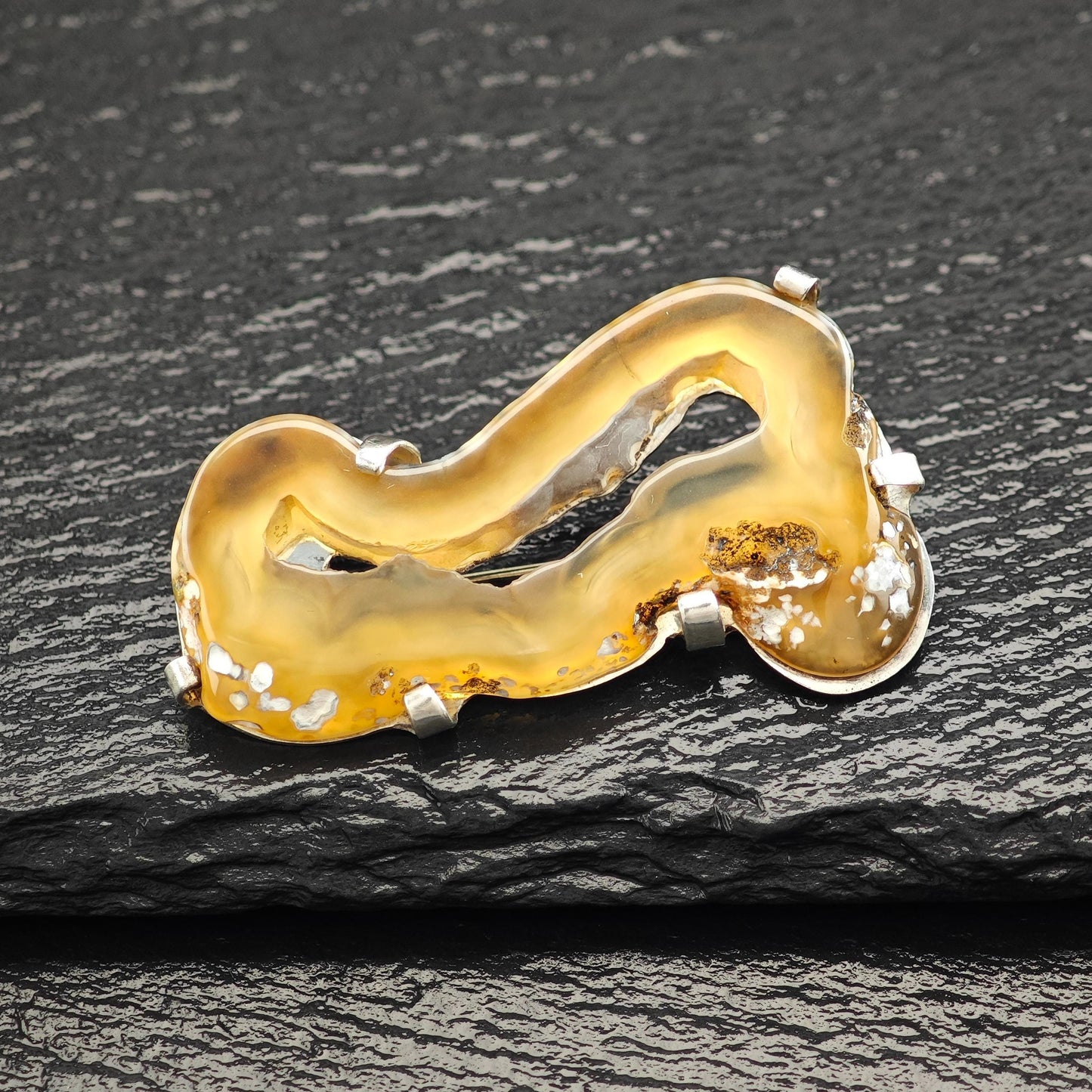Vintage Tan Clear, Abstract Agate Brooch Sterling Silver
