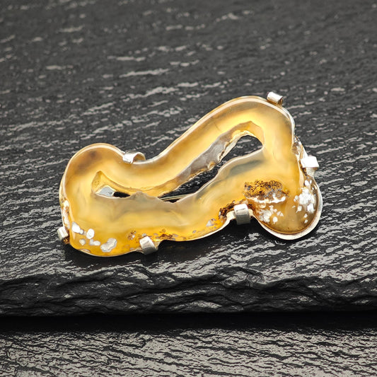 Vintage Tan Clear, Abstract Agate Brooch Sterling Silver