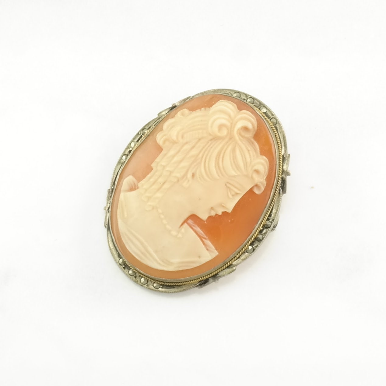 Orange Silver Brooch Pendant Female, Portrait, Marcasite Cameo Sterling B1839
