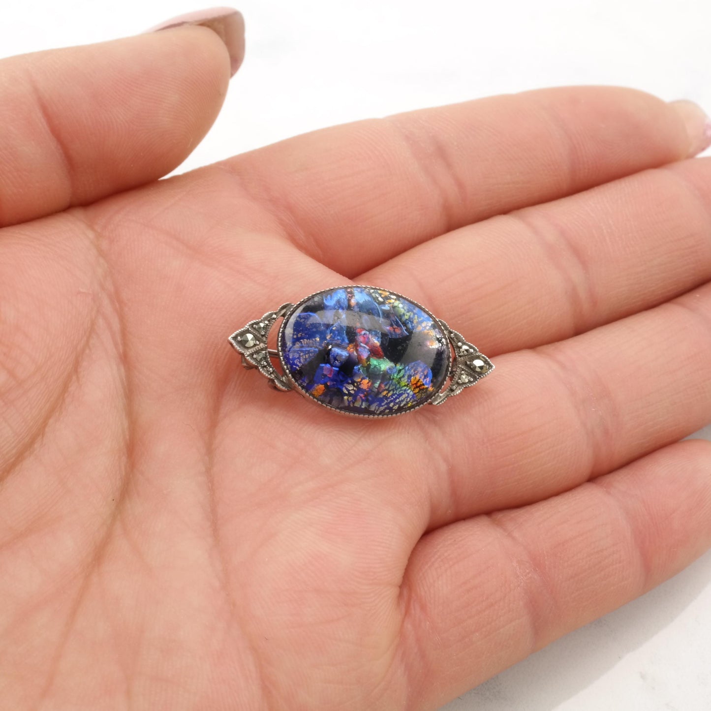 Art Deco Foiled Art Glass, Marcasite Sterling Silver Brooch Pendant B2005