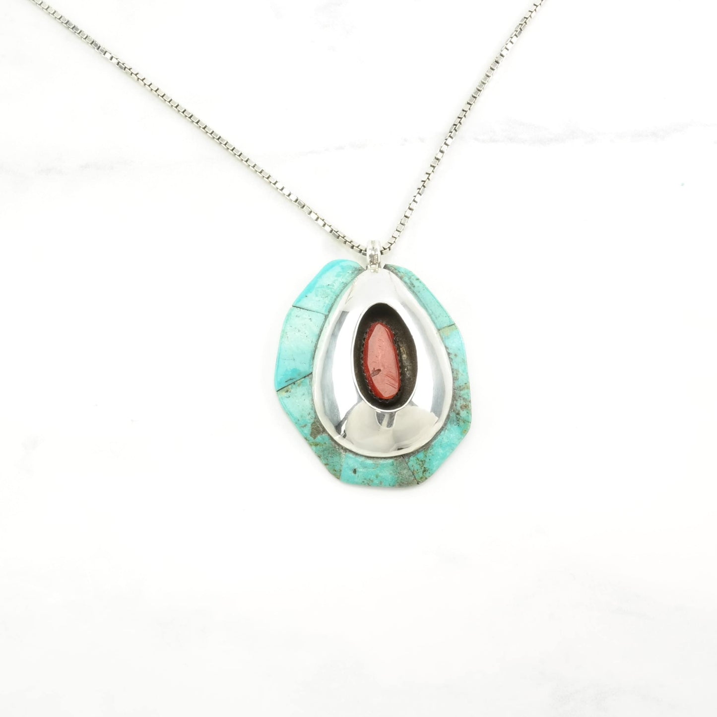 Native American Sterling Silver Blue, Red Turquoise, Coral Shadowbox, Cobblestone Inlay Necklace