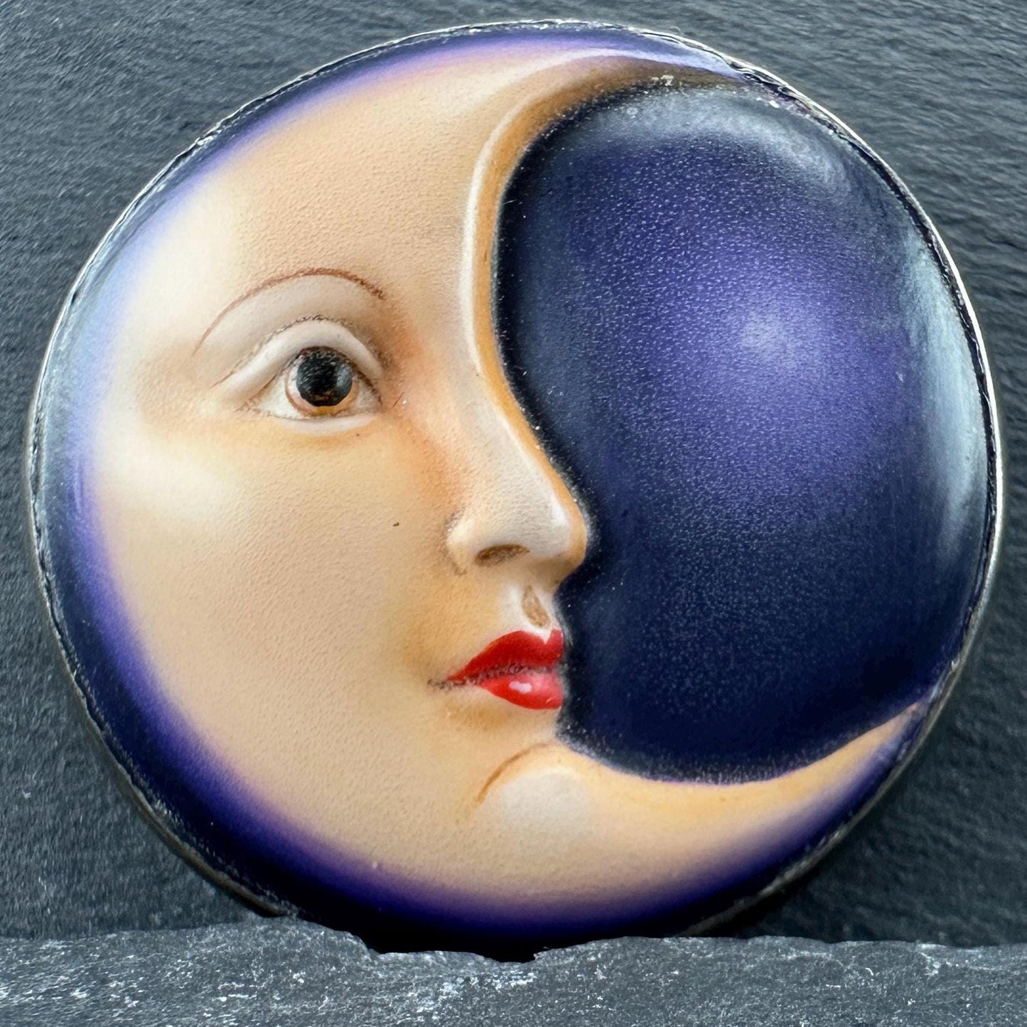Sergio Bustamante Enamel, Moonface Brooch/Pendant Sterling Silver