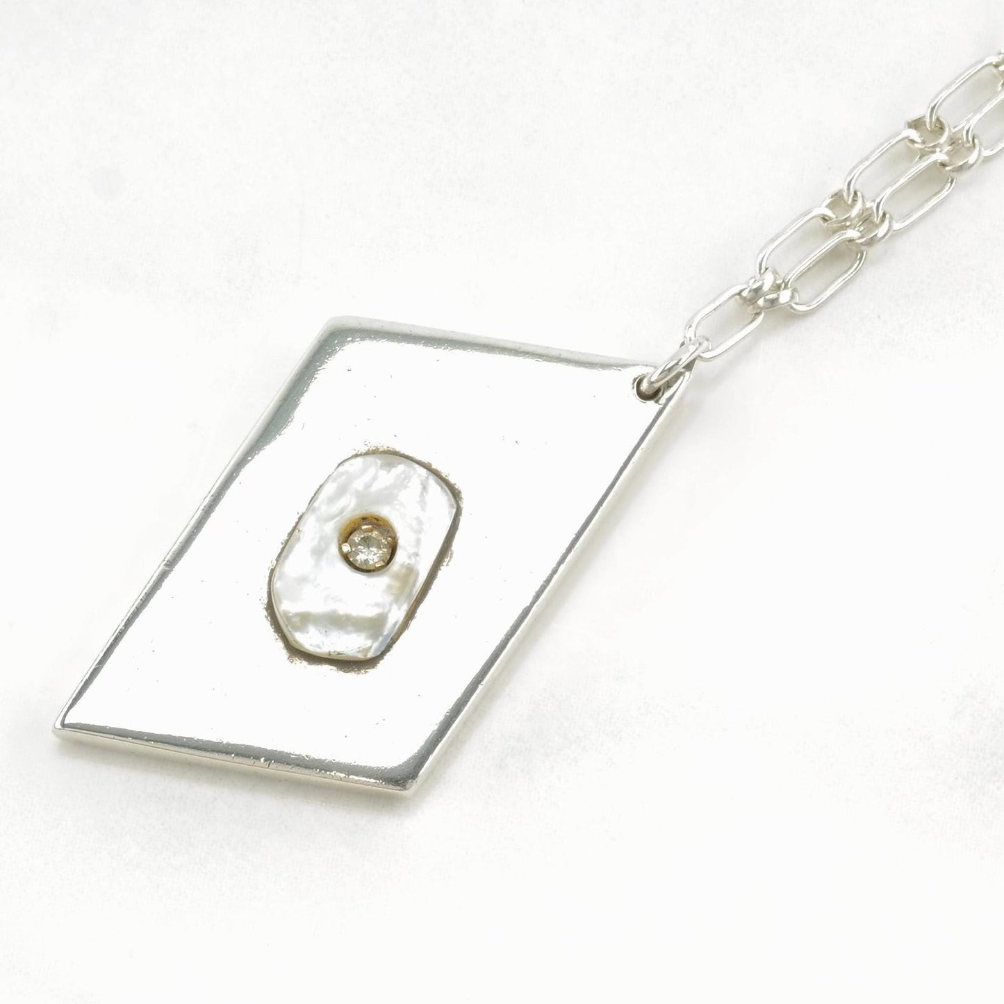 Christin Wolf Necklace | Sterling Silver & Mother of Pearl Pendant | Diamond Accent | Modernist Jewelry | 1990s