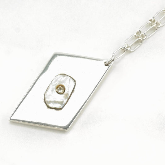 Christin Wolf Necklace | Sterling Silver & Mother of Pearl Pendant | Diamond Accent | Modernist Jewelry | 1990s