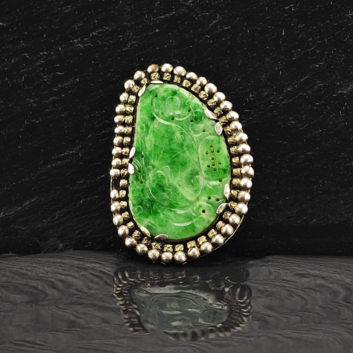 AS IS Carved Jadeite Jade Sterling Silver Fur Clip MISC0415