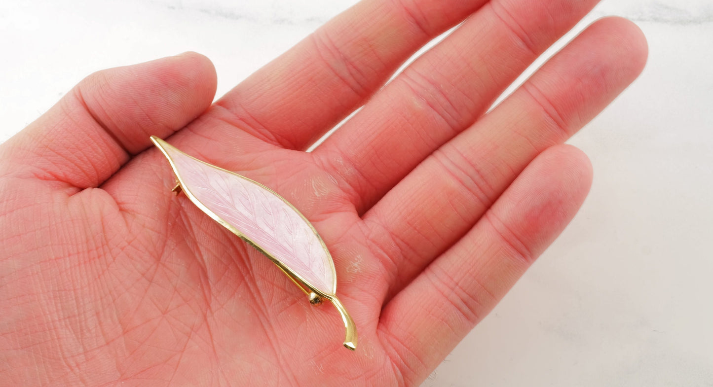 European Sterling Silver Gold Pink Enamel Leaf Brooch