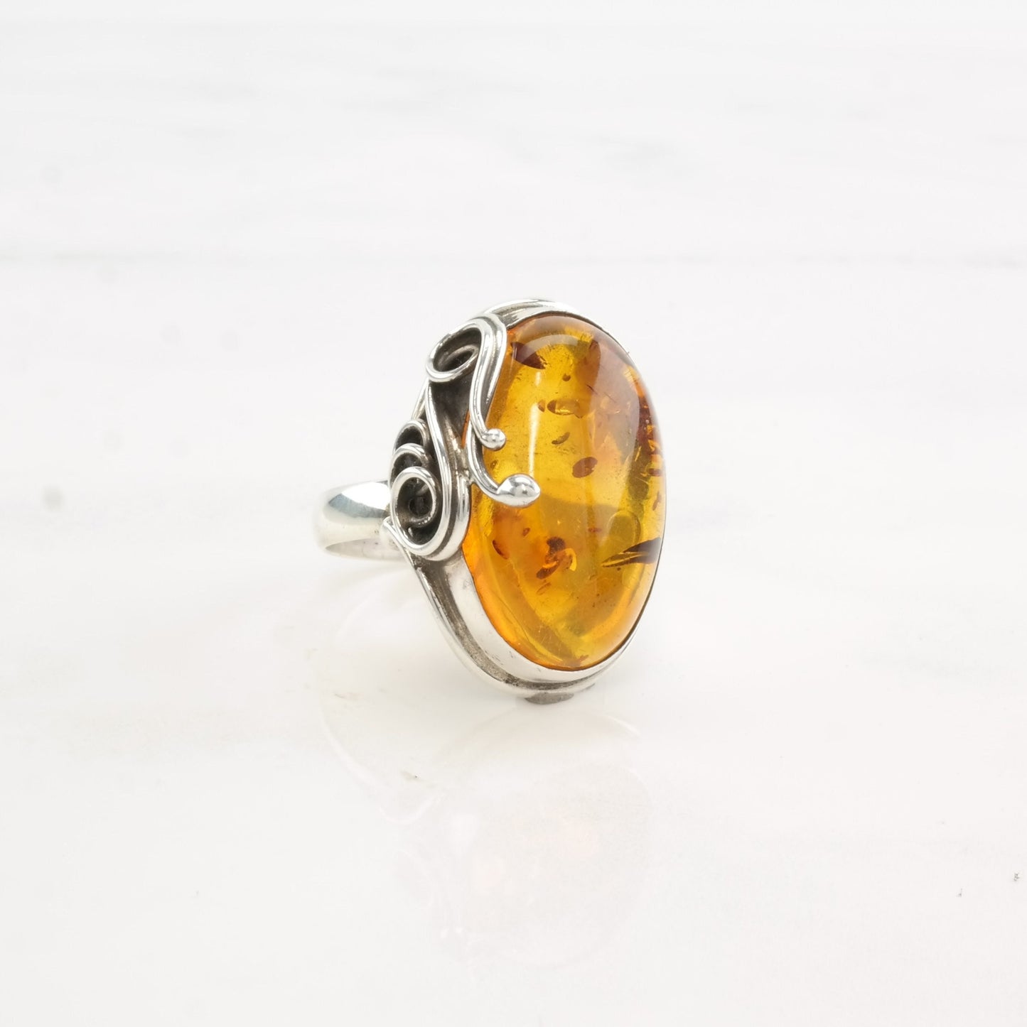 European Silver Ring Amber Oval Swirl Sterling Size 8