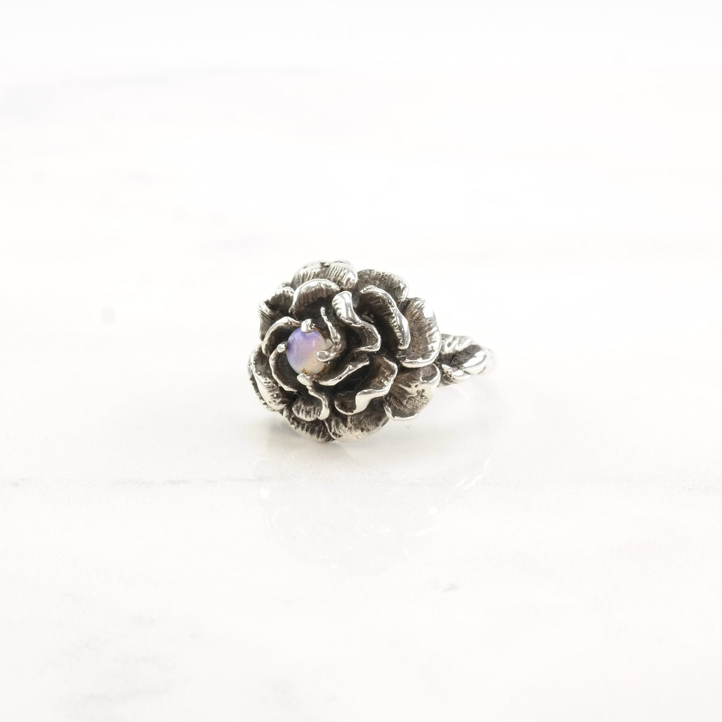 Brutalist Silver Ring Lab Opal Flower Sterling Size 5