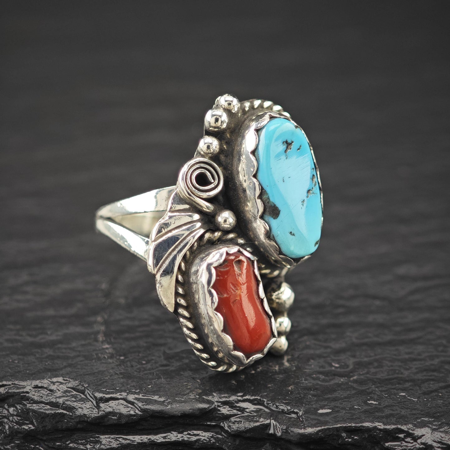 Native American Turquoise Coral Ring Sterling Silver