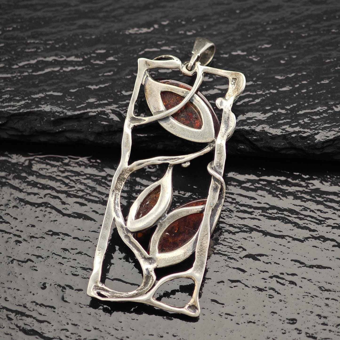 Art Nouveau Style Amber, Floral Pendant Sterling Silver
