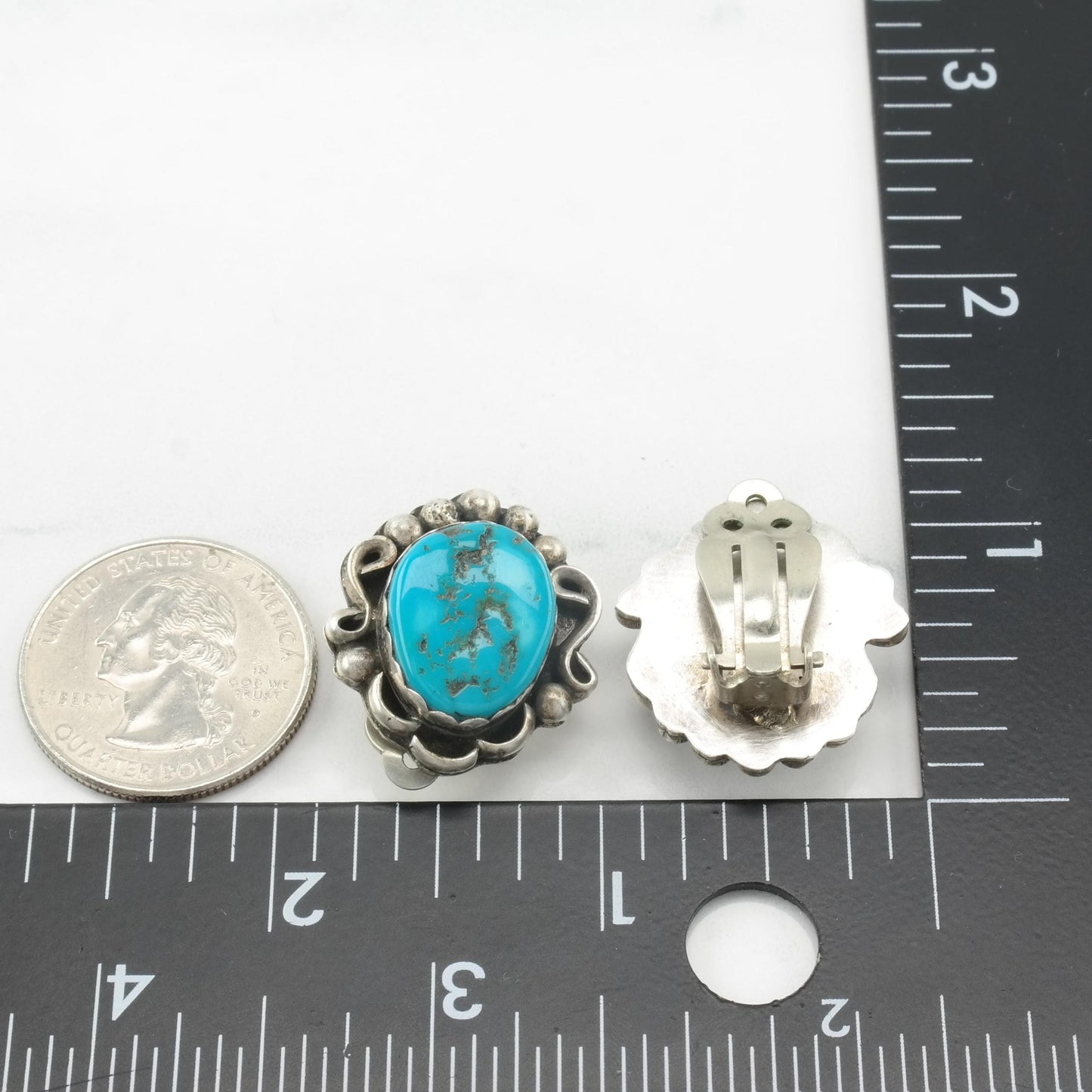 Vintage Native American Turquoise Clip On Earrings Sterling Silver