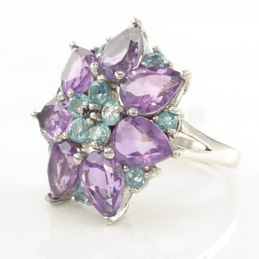 Vintage Sterling Silver Ring Amethyst, Topaz Floral Size 8 1/4