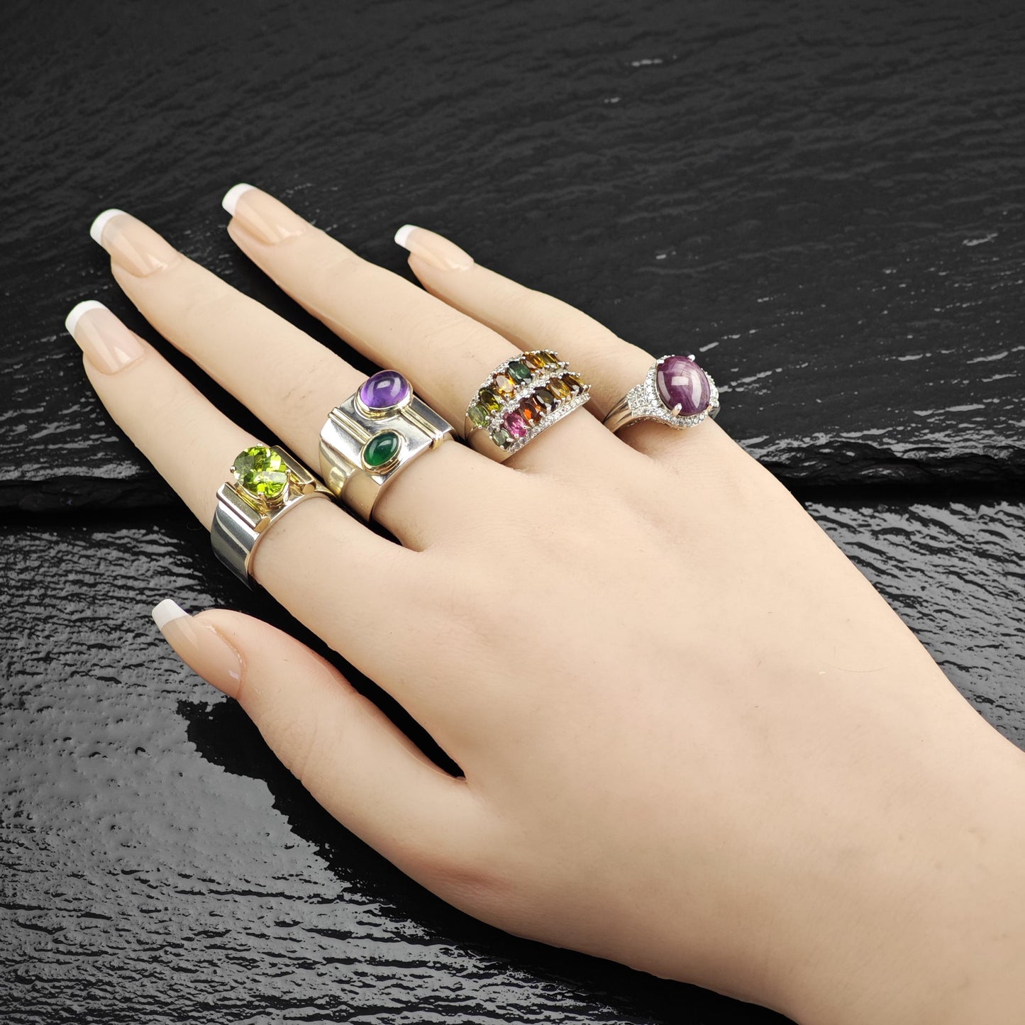 Amethyst Chrysoprase Cabochon 14k Gold Accents Sterling Silver Ring Sz 8 1/4 R6726