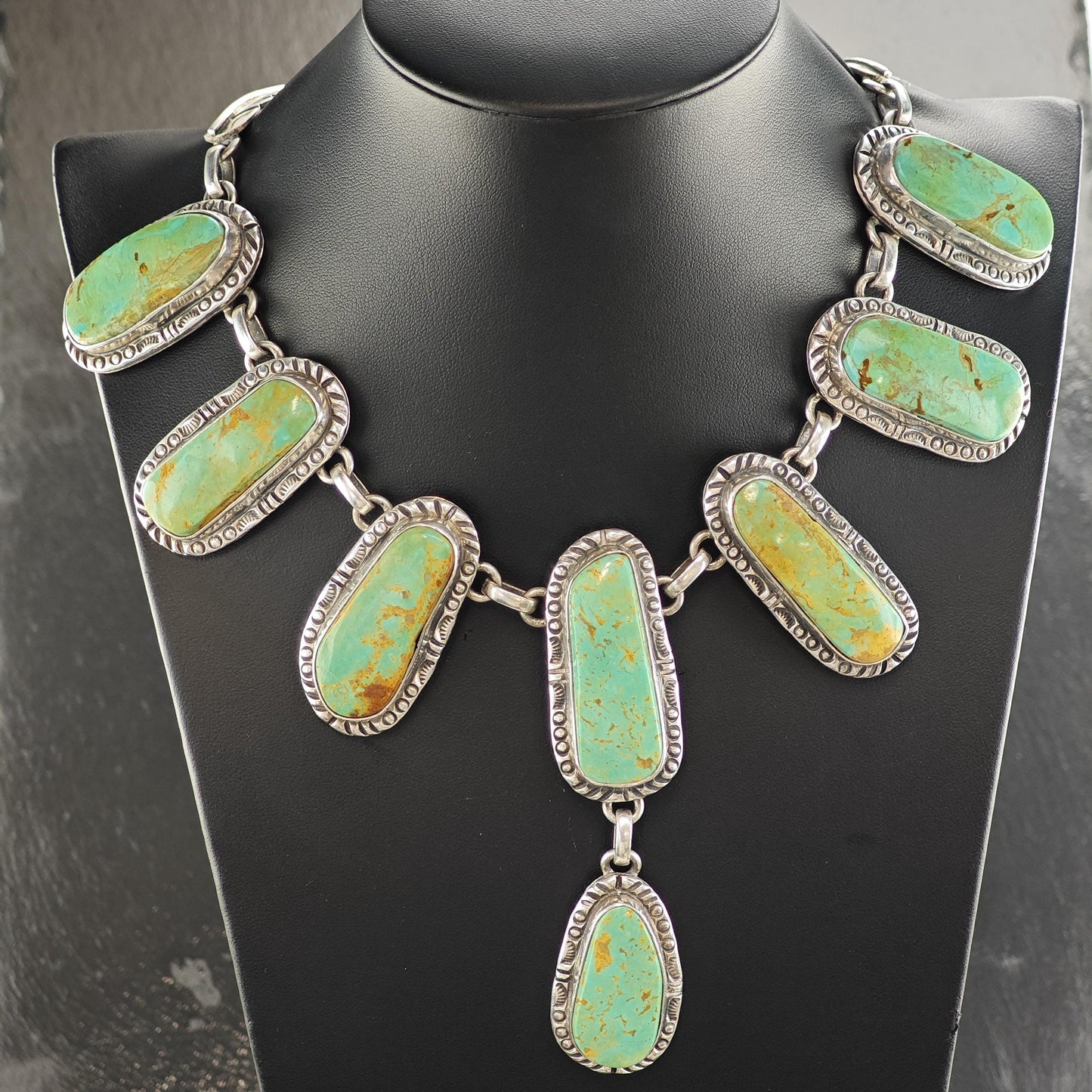 Vintage Navajo Green Kingman Turquoise Lariat Sterling Silver Necklace N2724
