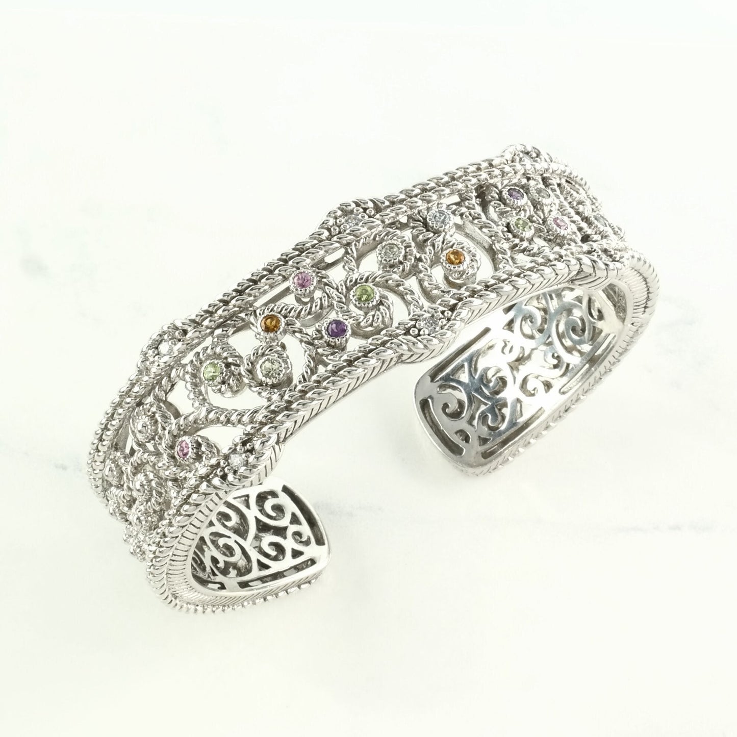 Judith Ripka Cuff Bracelet Sterling Silver Colored CZ Scroll Hinged