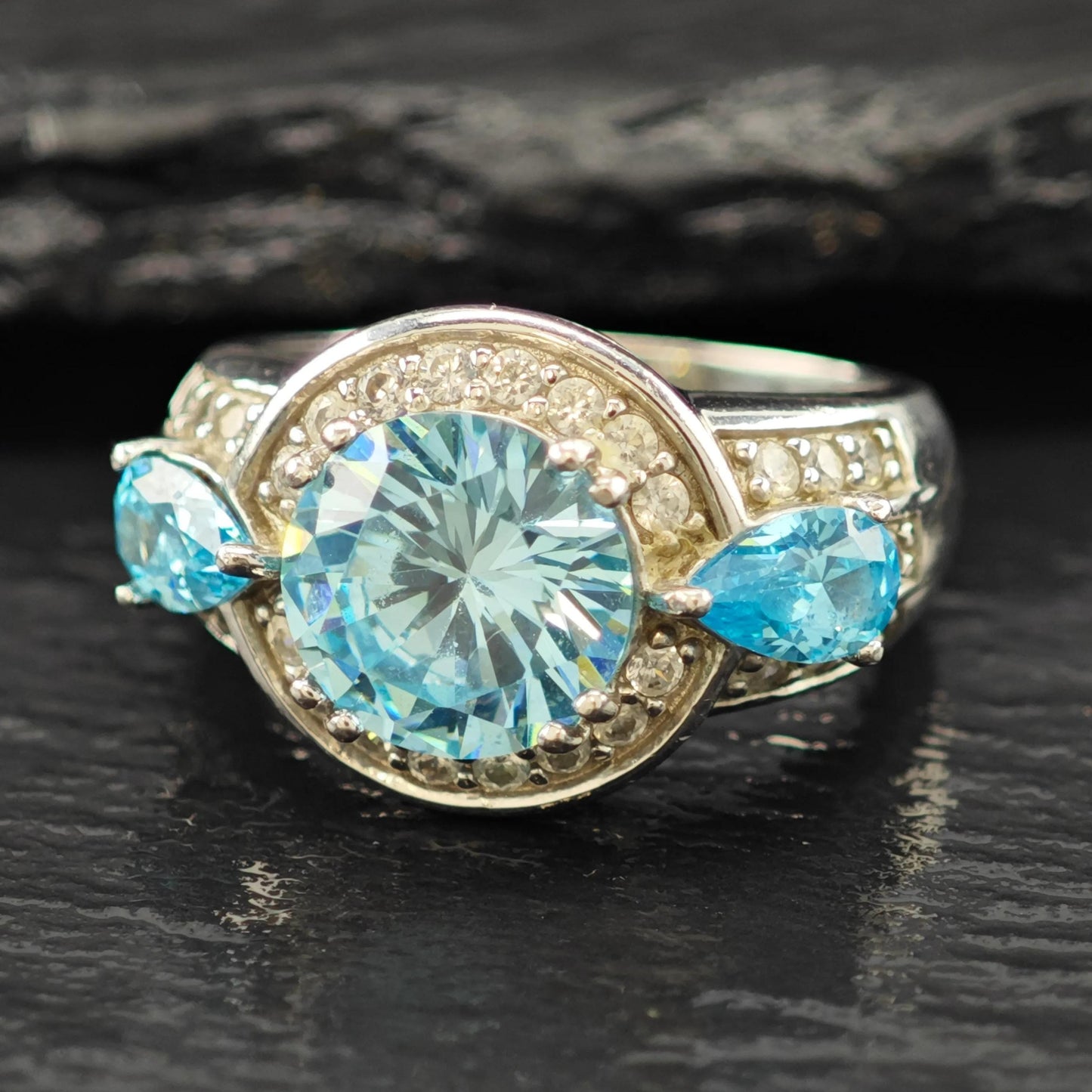 BBJ Blue CZ Sterling Silver Ring Bold Statement Stone Size 5 3/4 R6095