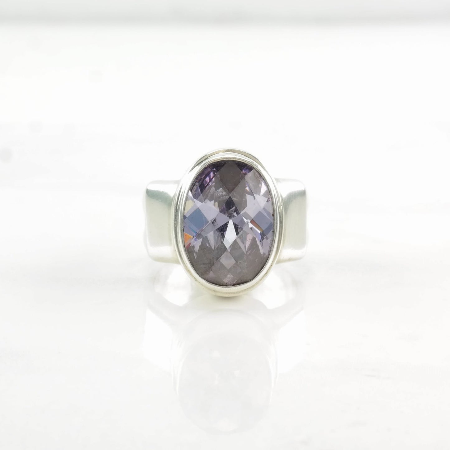 Sterling Silver Ring Purple CZ Wide Band Purple Size 5 1/2