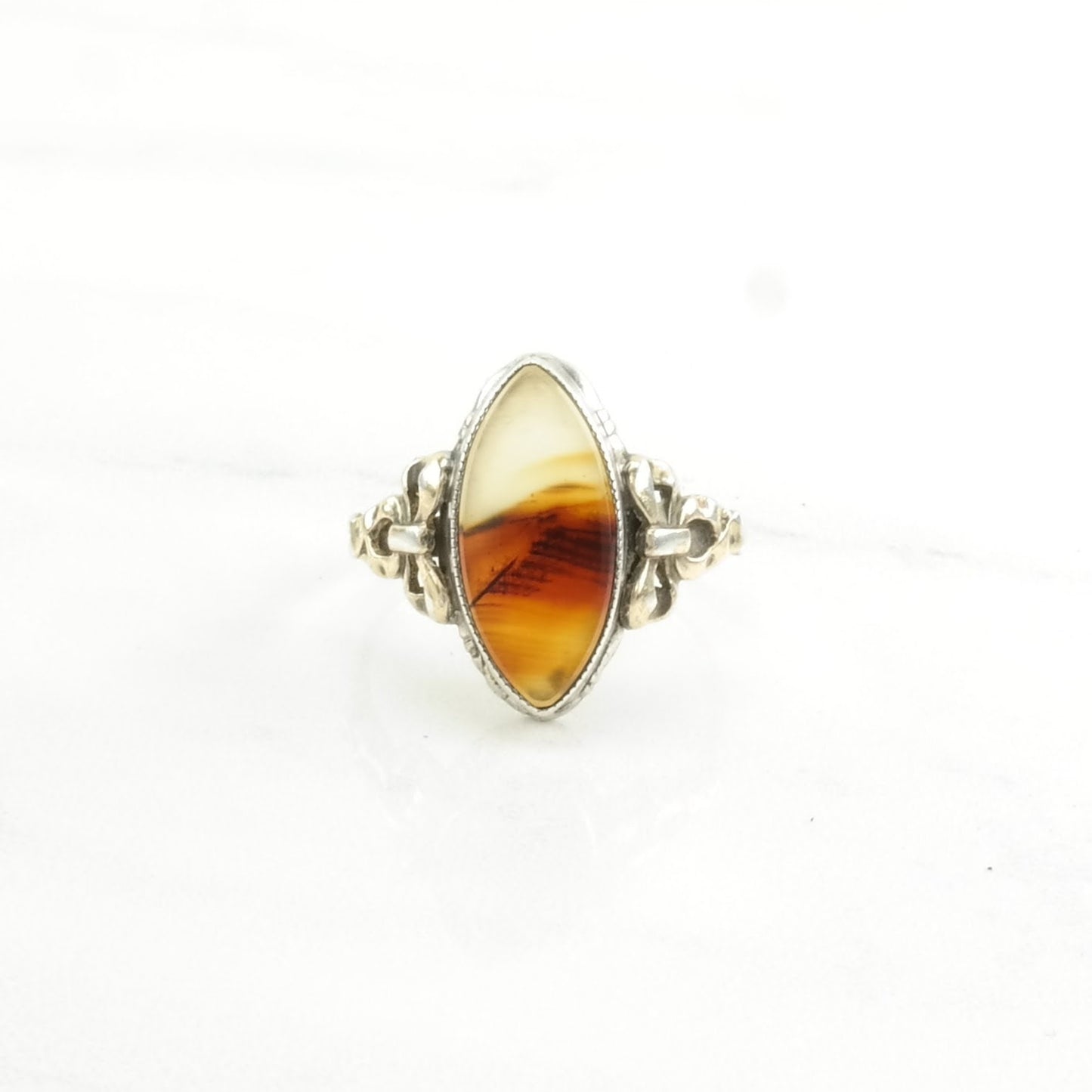 Art Deco Silver Ring Dendric Agate 10K Gold Accents Sterling Size 7 1/4