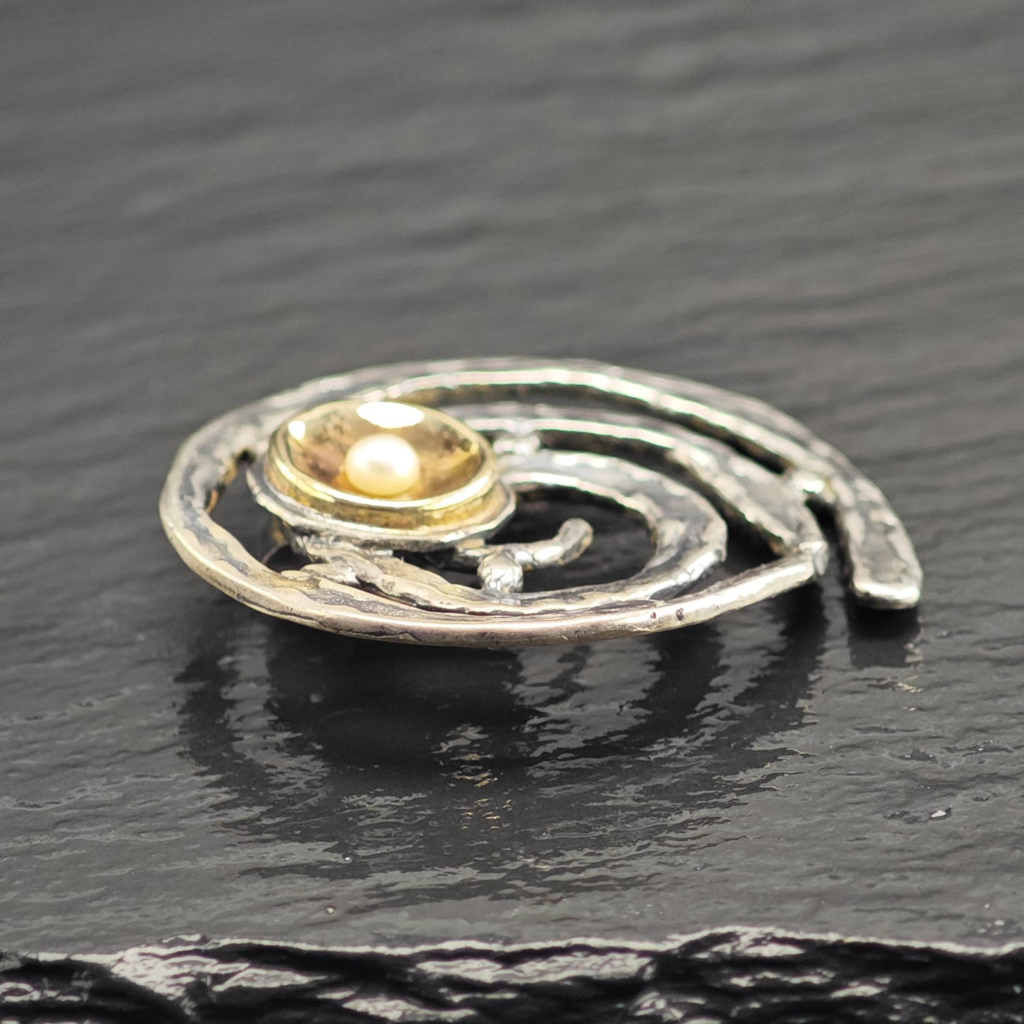 Brutalist Yigal Avinoam 14K Gold Accent, Pearl Sterling Silver Pendant P3081