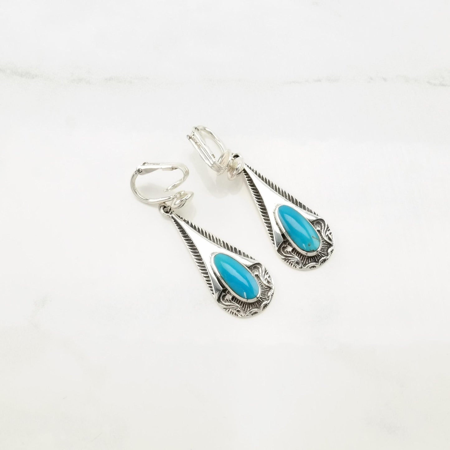 Vintage Southwest Blue Turquoise Stamped Clip On Sterling Silver Earrings