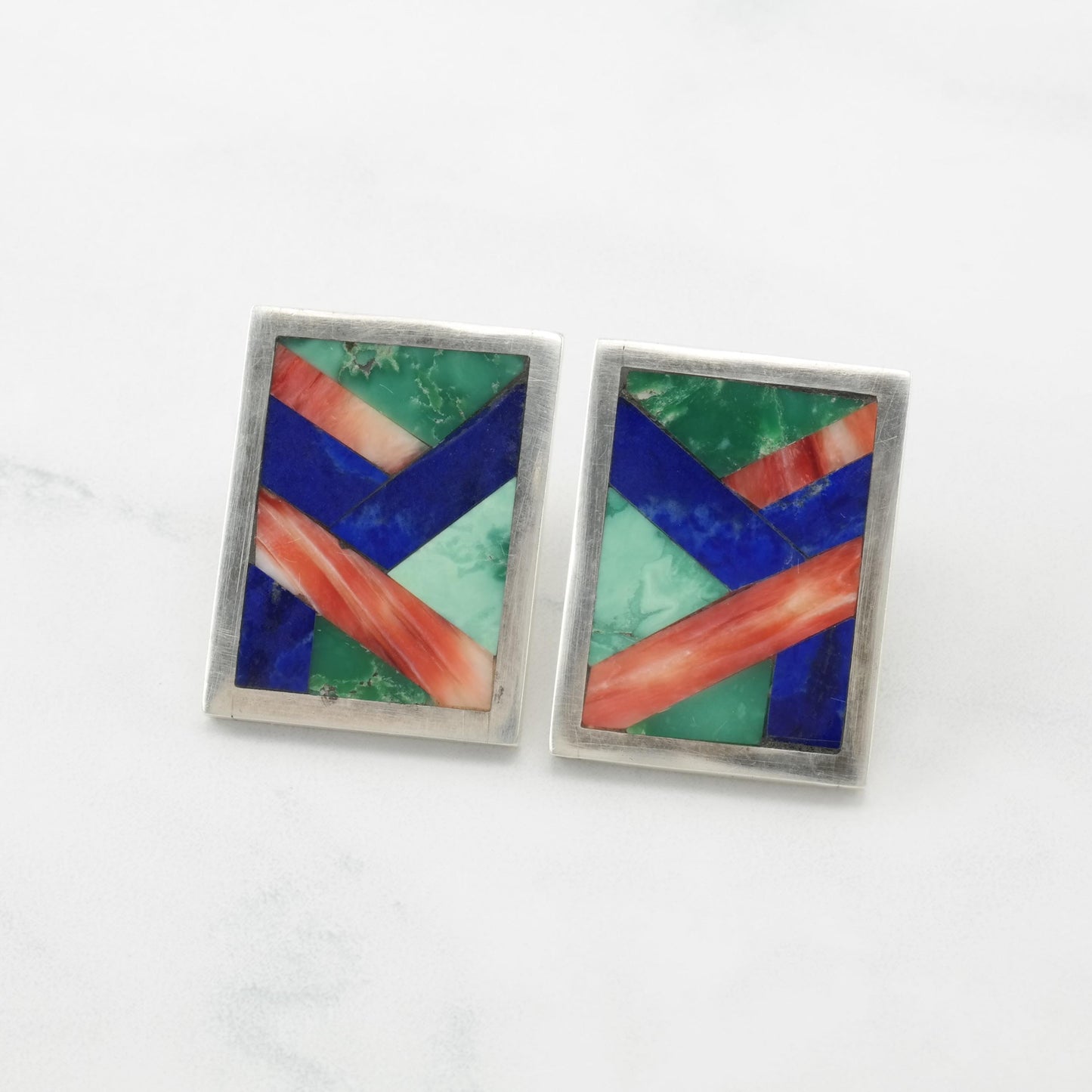 Vintage Native American Inlay Stud Earrings Sterling Silver Turquoise Spiny Oyster Lapis