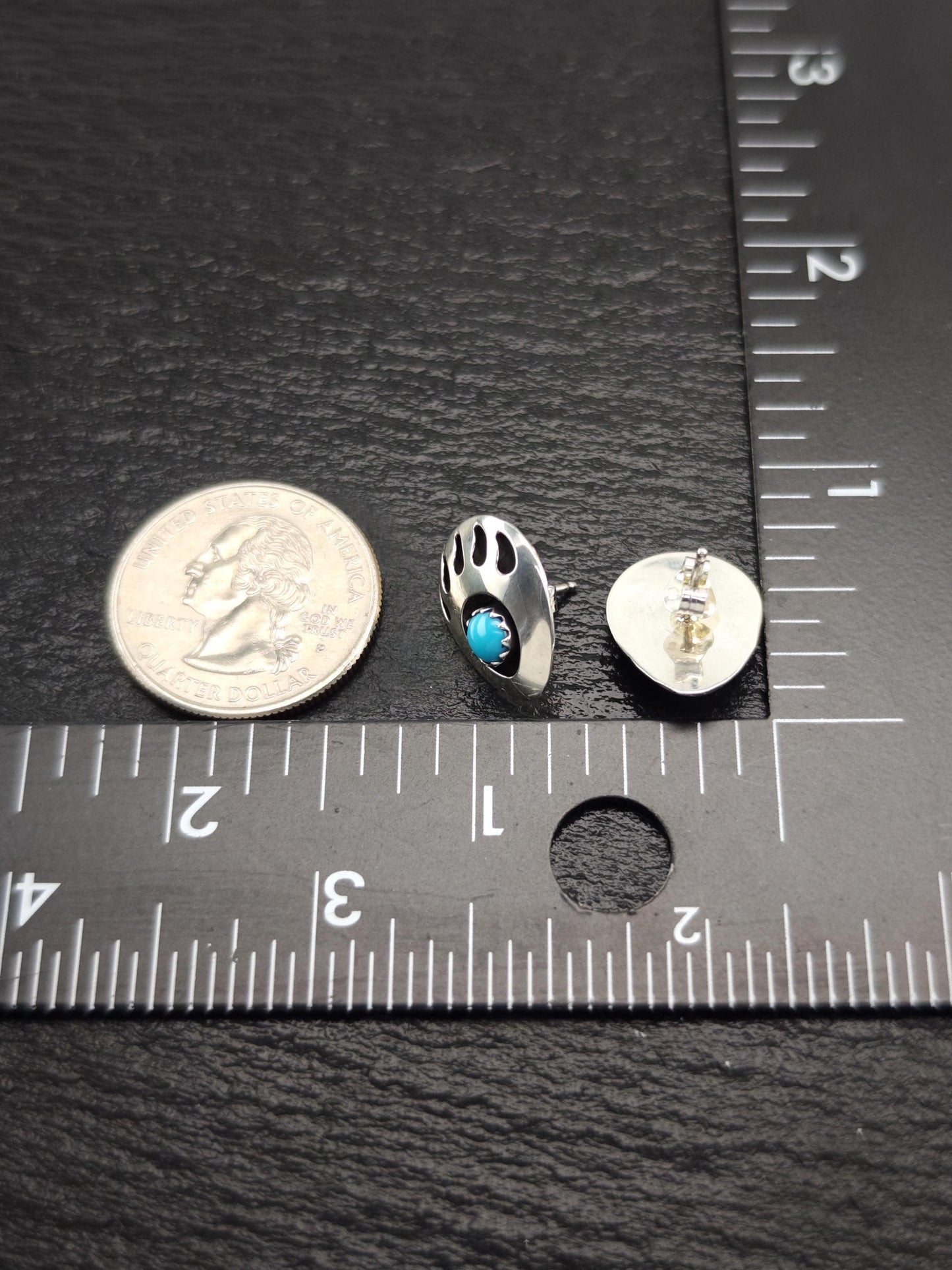 Southwest Blue Turquoise, Shadow Box Bear Paw Stud Earrings Sterling Silver