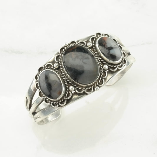 Fred Harvey Era Sterling Silver Cuff Bracelet Petrified Wood Stamped