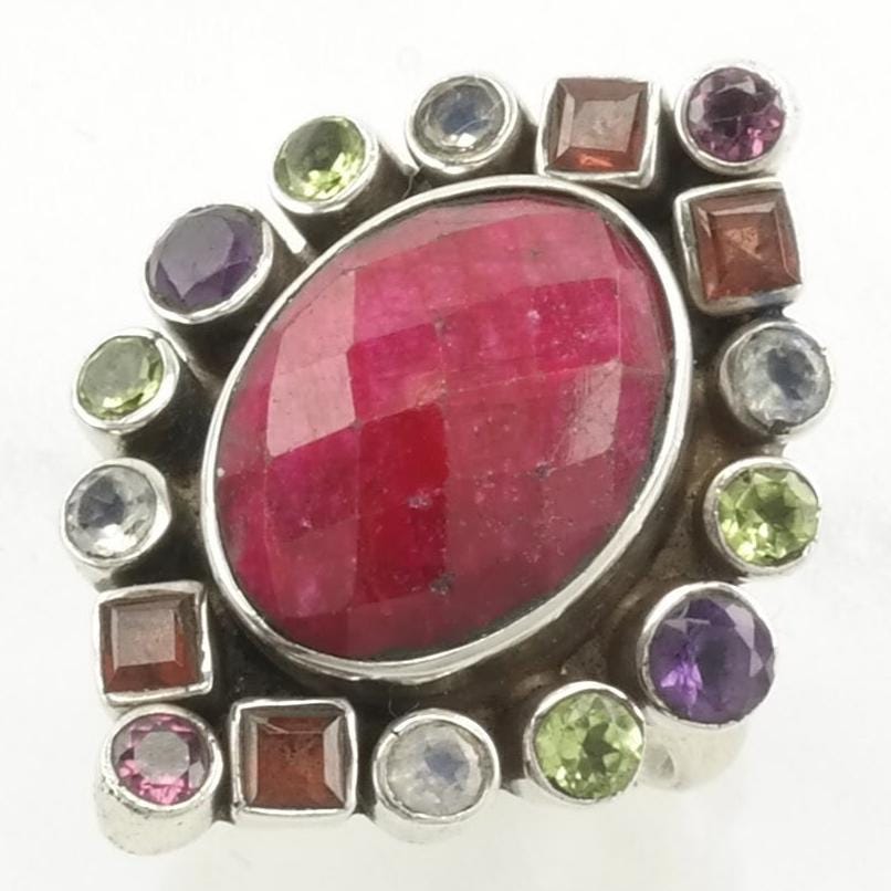 Nicky Butler SilverRing Ruby Cordundum Peridot, Amethyst, Garnet Sterling Pink Sz9 R5217