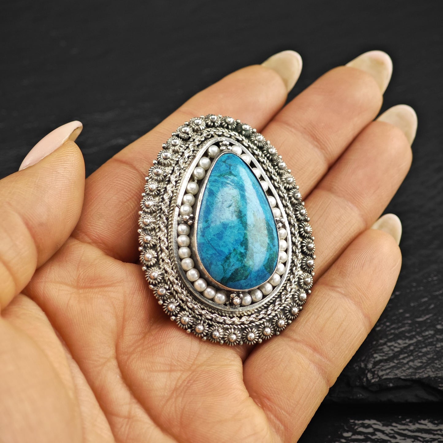 Jerusalem Blue Stone Teardrop Brooch Pendant with White Faux Pearls Sterling Silver
