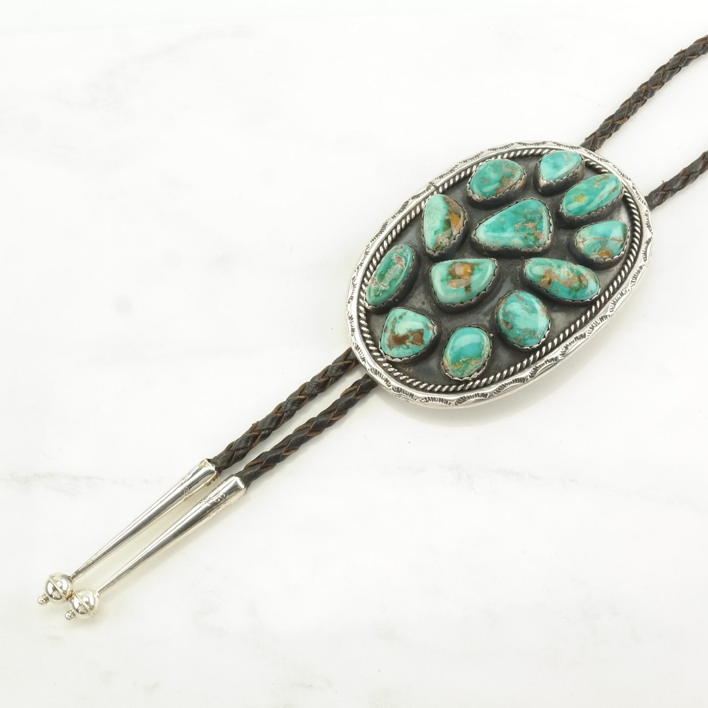 Green Turquoise Bolo Tie Sterling Silver Cluster Necklace