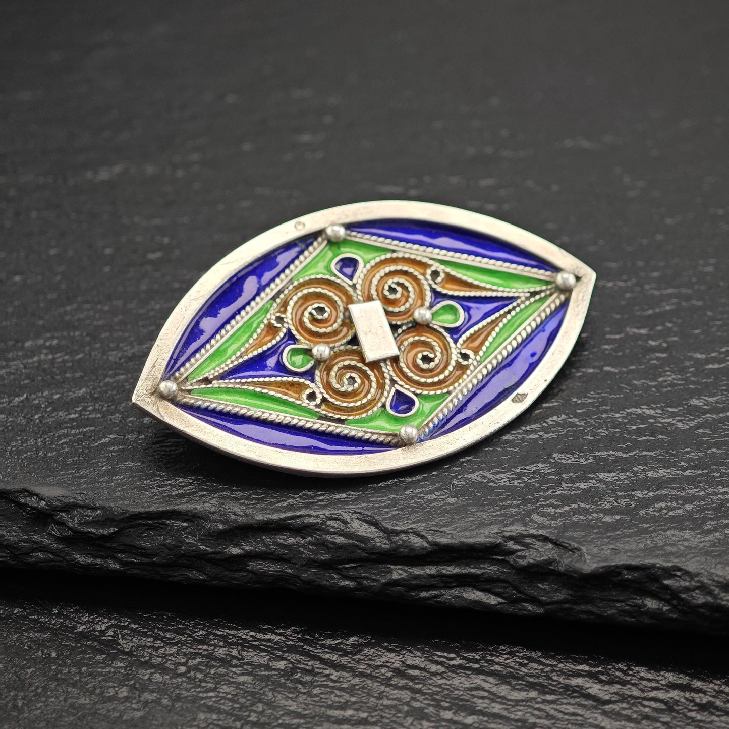 French Sterling Silver Brooch Geometric Multi-Color Enamel Design B2095