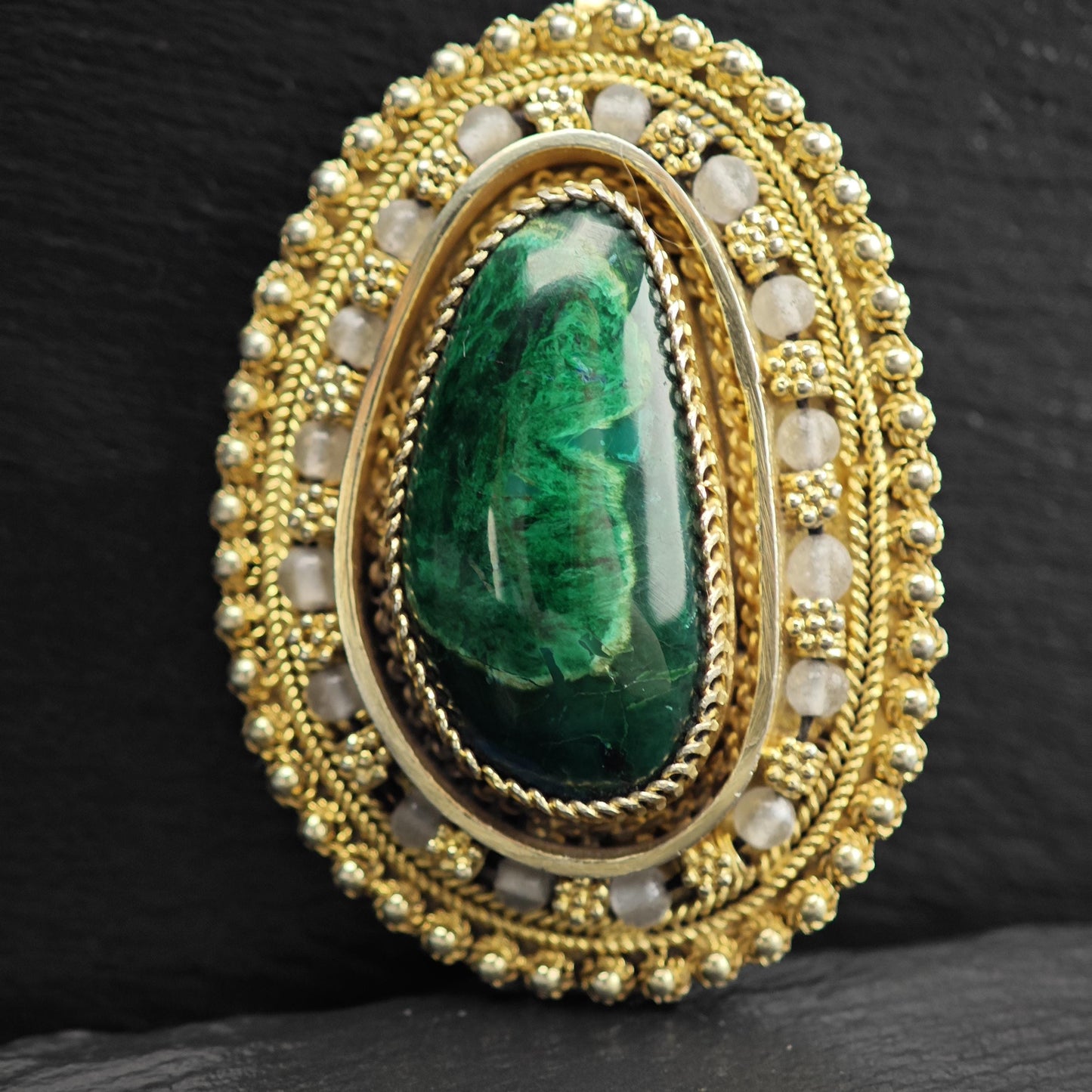 Eilat Stone Pendant/Brooch in Sterling Silver, Gold Gilded with Imitation Pearls