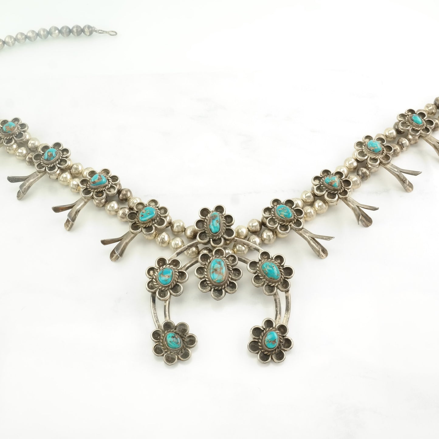 Native American Sterling Silver Blue Blue Gem, Turquoise Floral Necklace