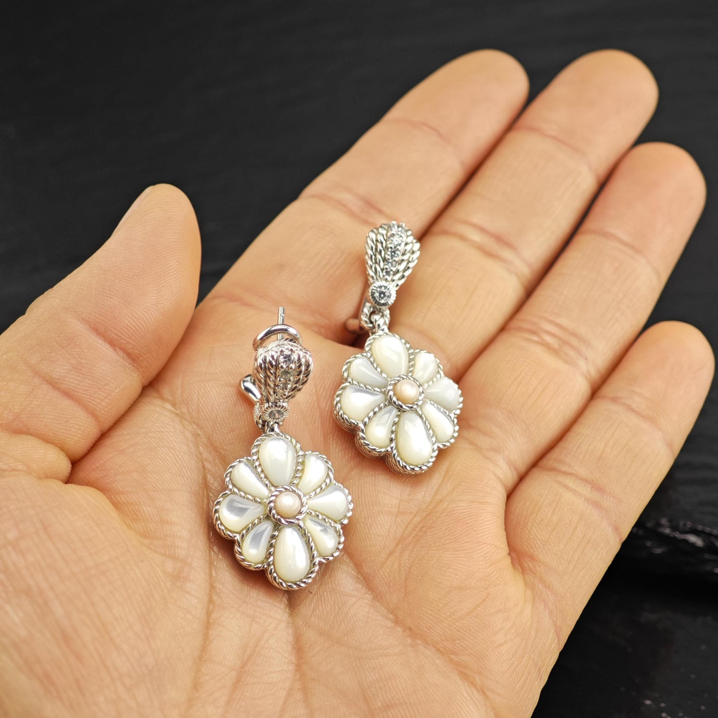 Vintage Judith Ripka Mother of Pearl, CZ Omega Back Sterling Silver Earrings ER3192