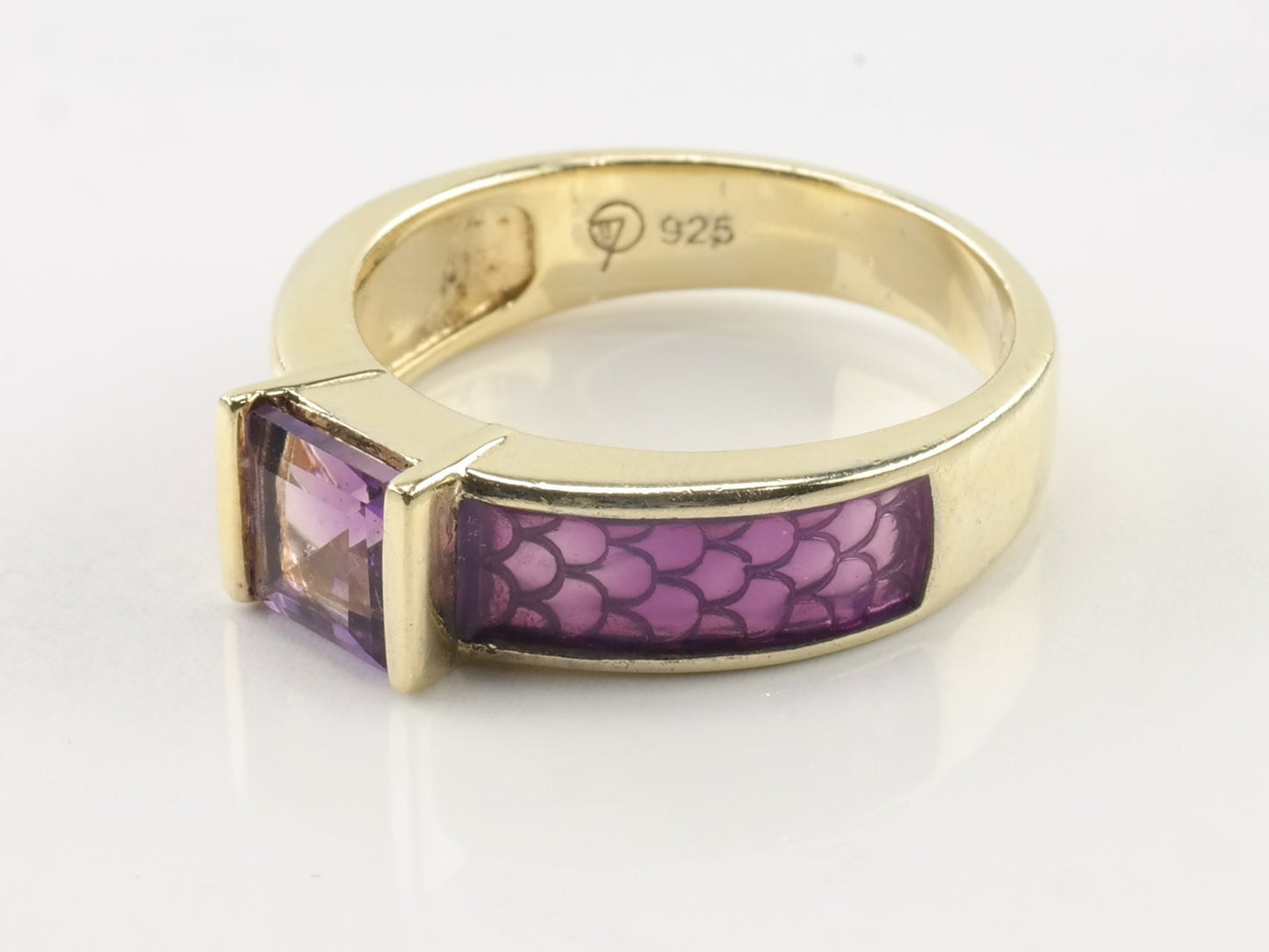 Vintage Sterling Silver Ring Amethyst Gold Plated scales Size 8 1/4