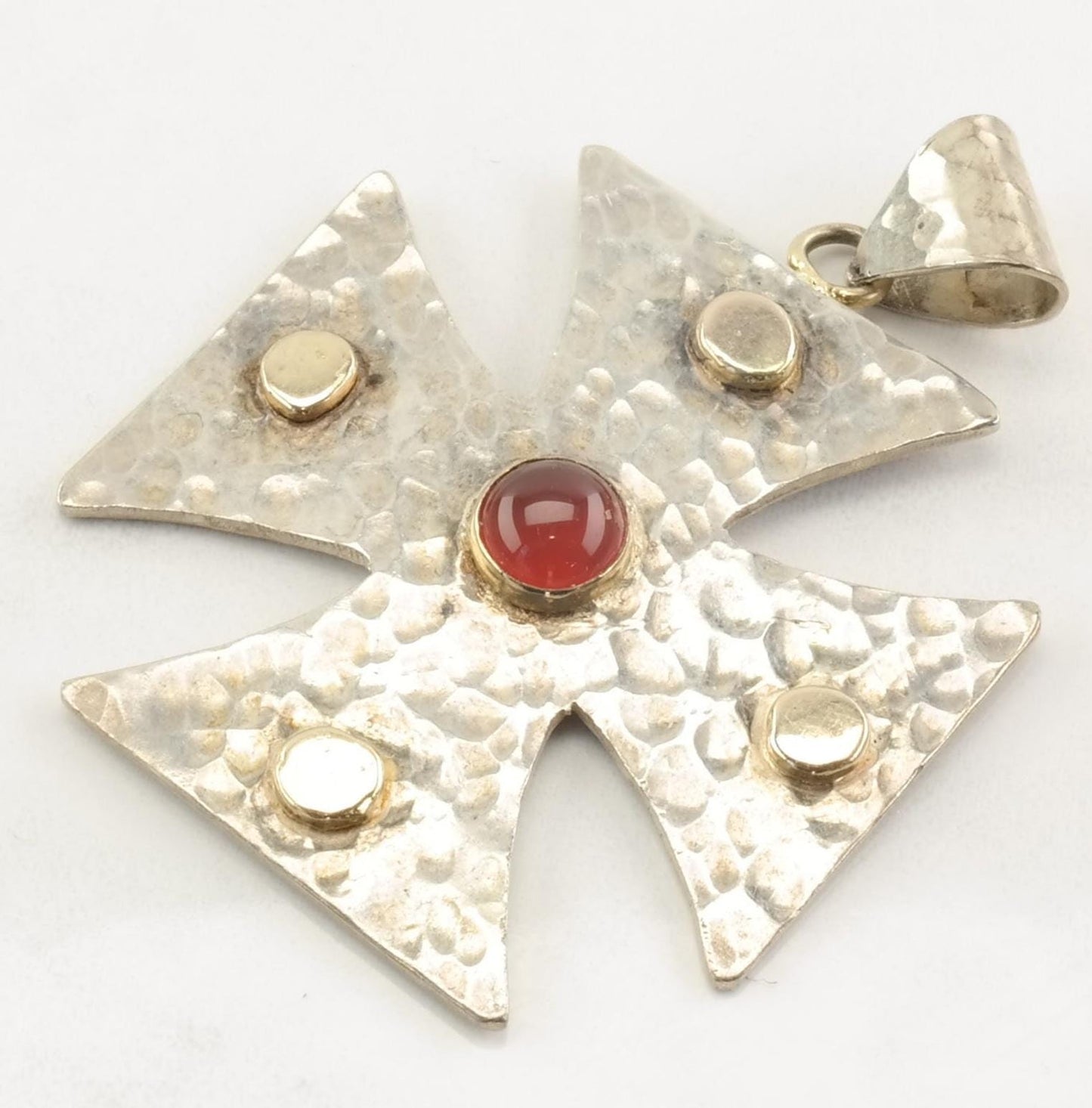 Vintage Sterling Silver Maltese Cross Carnelian Gold Accent Pendant