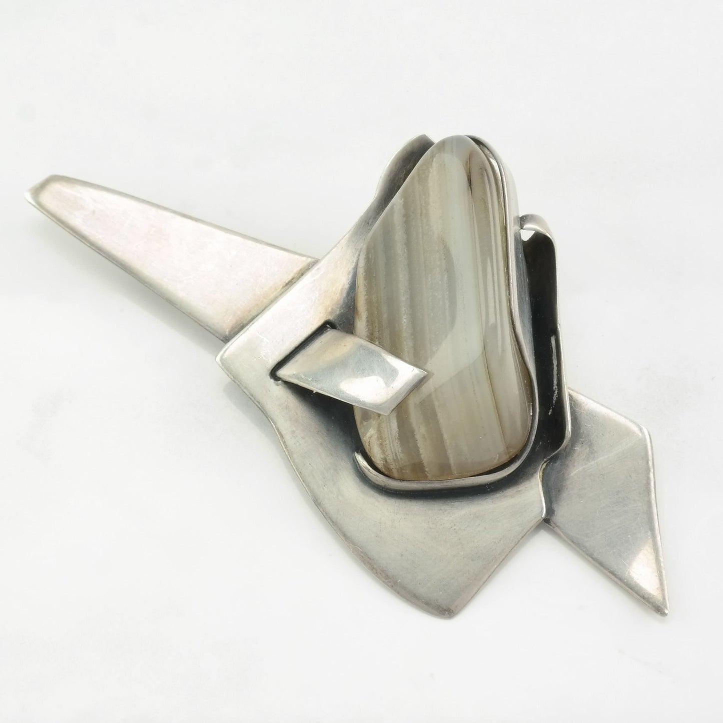 Modernist Sterling Silver Agate Brooch Abstract