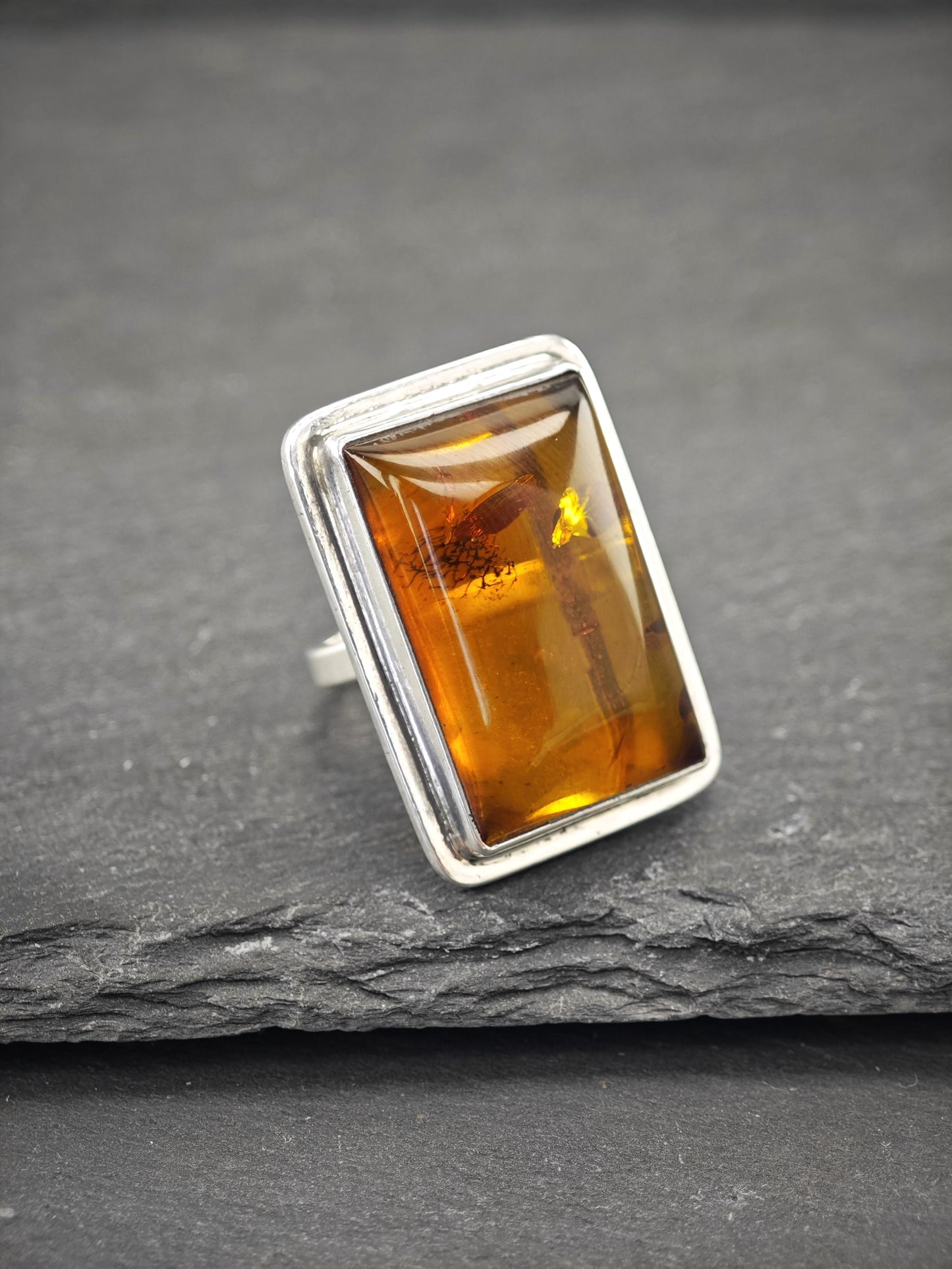 Large Rectangular Amber Ring Sterling Silver