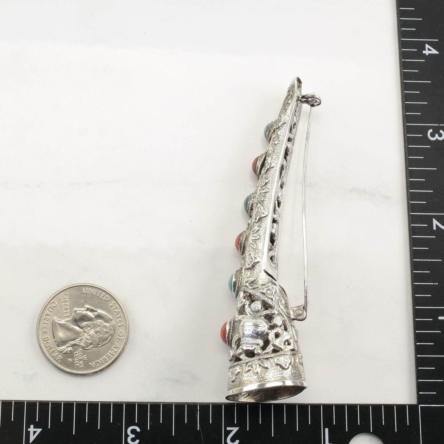 Chinese Sterling Silver Filigree Fingernail Brooch with Turquoise and Coral