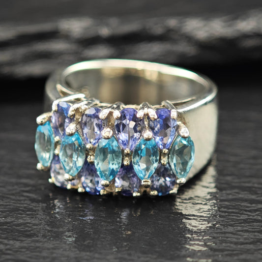 Natural Topaz Tanzanite Wide Band Sterling Silver Sz 7 1/4 R6145