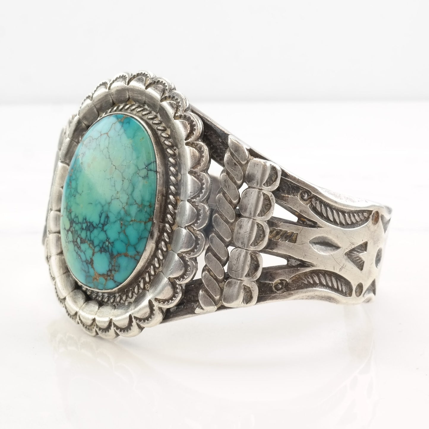 Native American Sterling Silver Turquoise Oval Spiderweb Ingot Heavy Stamping Cuff Bracelet