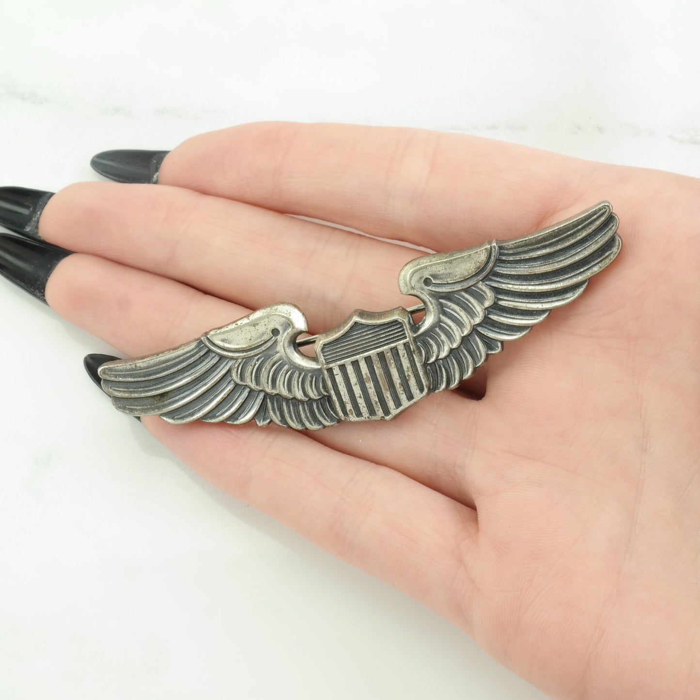 WWII Sterling Silver Brooch 3" Size, Large Pilot, Airforce, Wings