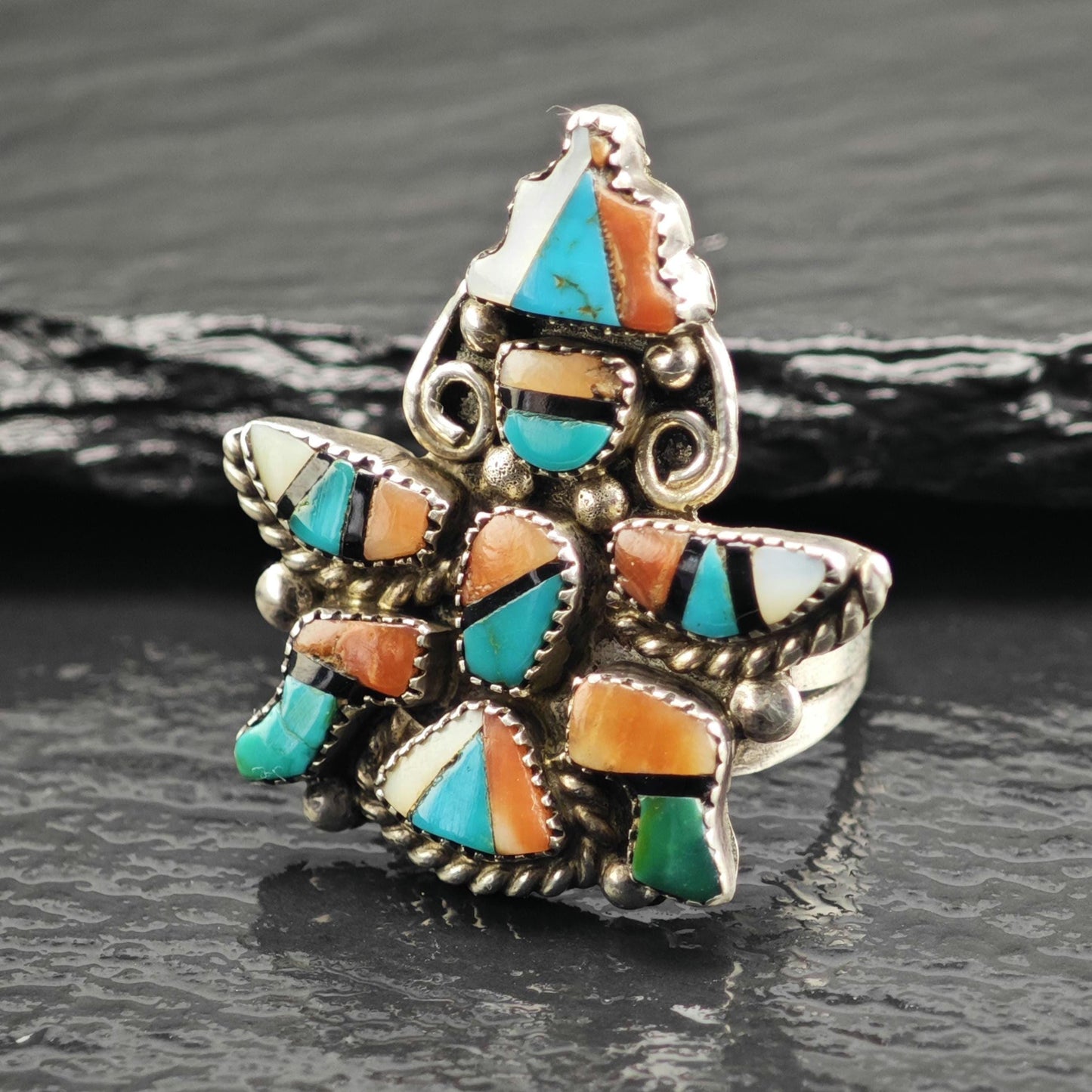 Zuni Inlay Dancer Sterling Silver Ring Sz 6 3/4 R6624
