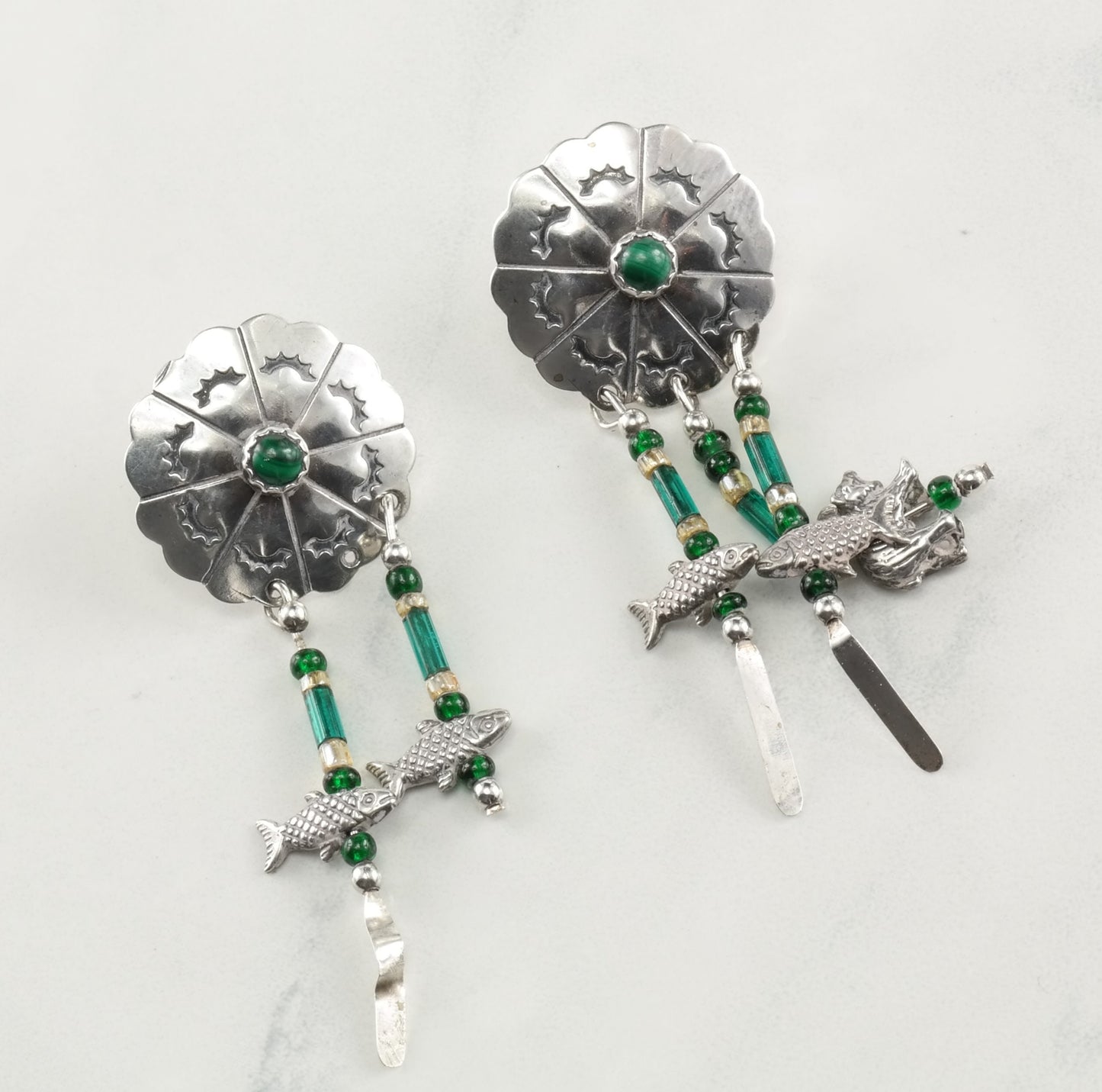 Southwest Sterling Silver Malachite Animal Dreamcatcher Bead Earrings