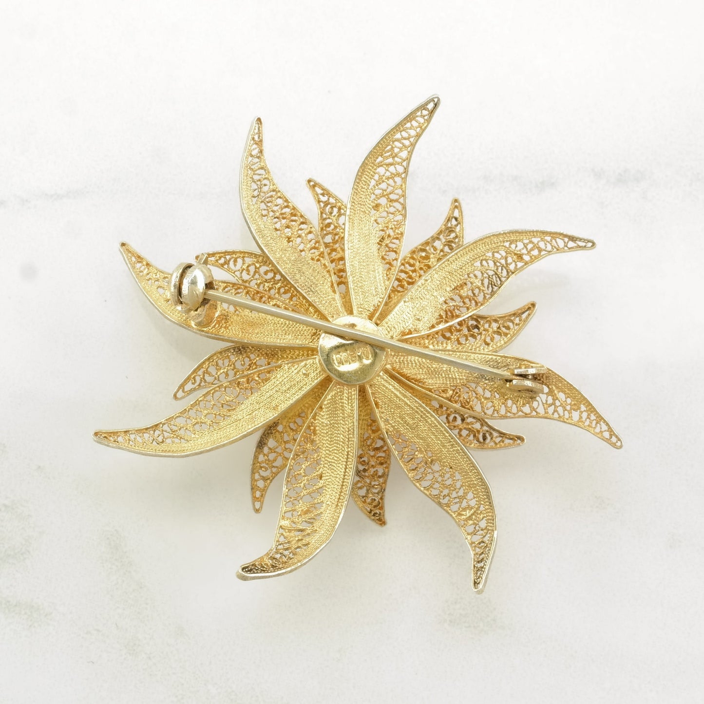 Silver Brooch Gold Tone Flower, Filigree Sterling