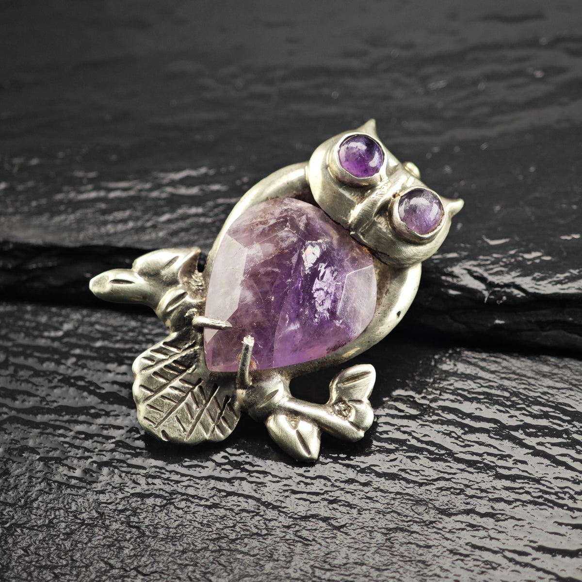 Mexican Amethyst Owl Sterling Silver Brooch B2273