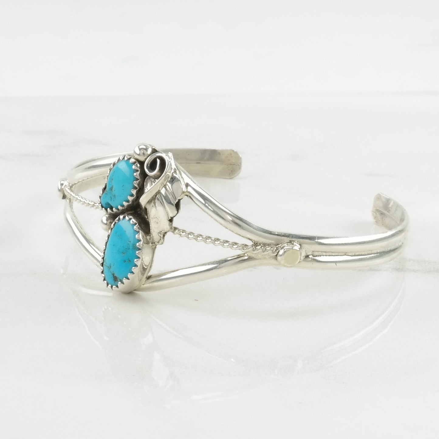 Native American Sterling Silver Cuff Bracelet Blue Turquoise Two Stone, Leaf